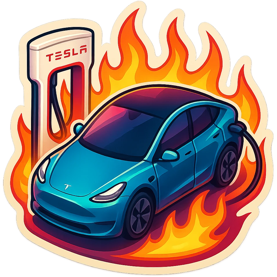 A Tesla Model Y parking at a supercharger, from above, with fire around emoji