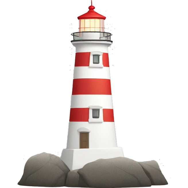 White lighthouse with 2 red stripes on rock emoji