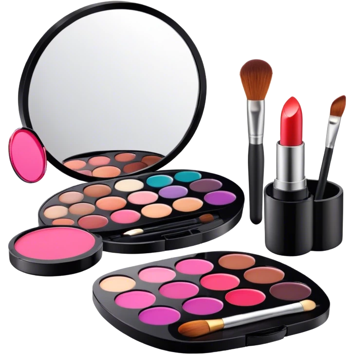 A photorealistic icon featuring makeup brushes, a lipstick being applied, an eyeshadow palette with colors in use and a compact mirror reflecting a half-done makeup look. The design captures the artistry and process of makeup with bright and realistic textures. Transparent background. emoji