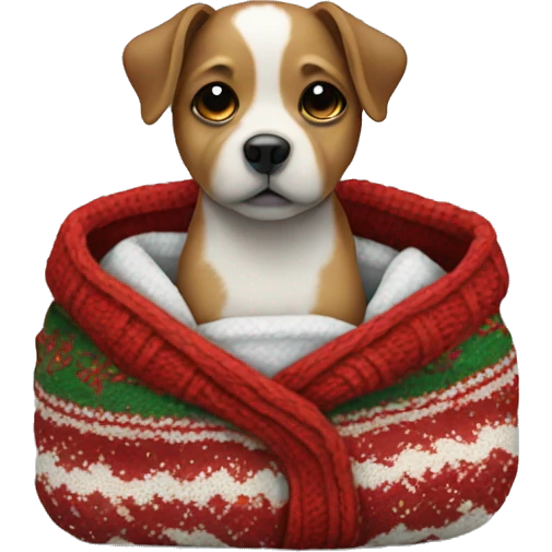 a small dog wrapped in a sweater and christmas blanket emoji
