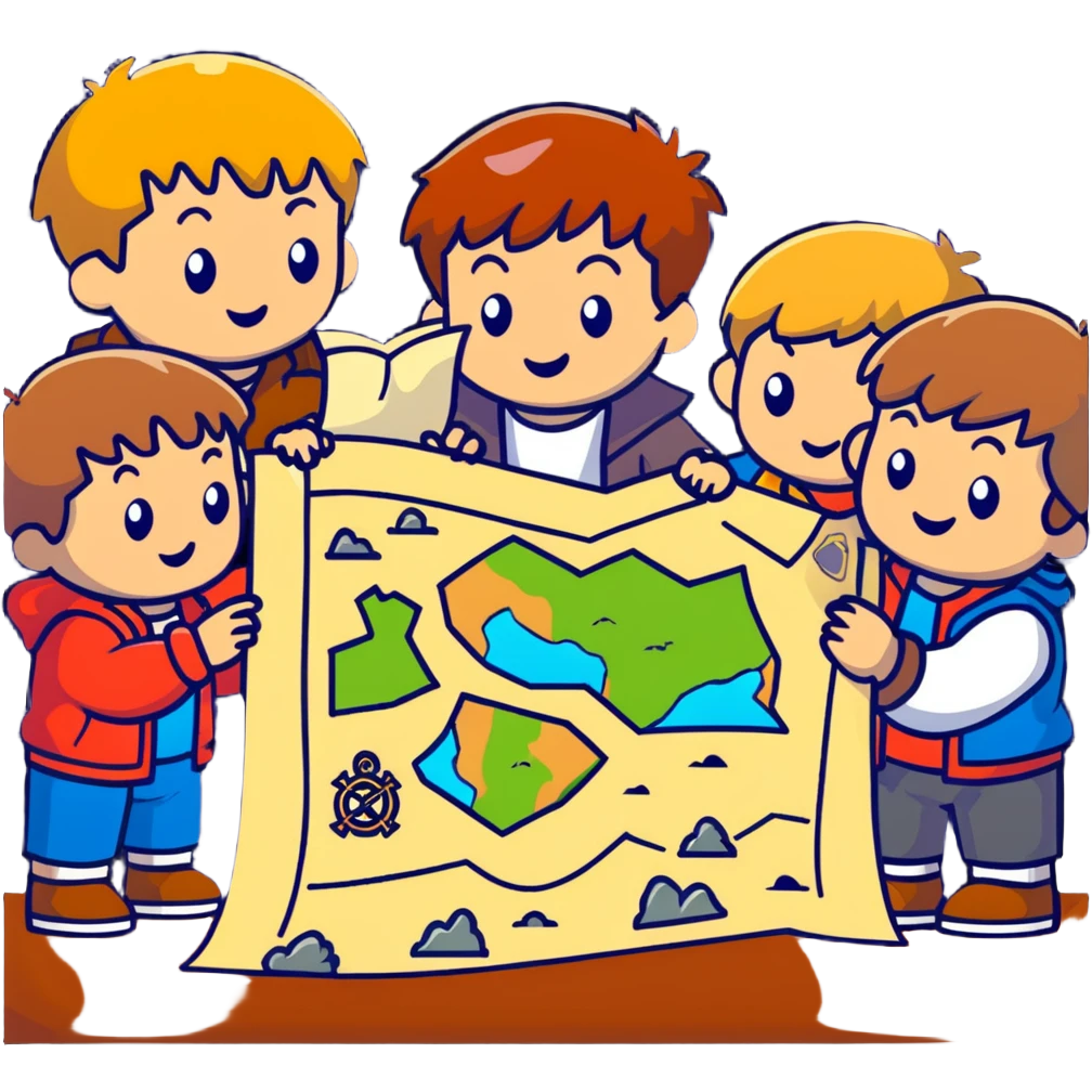 group of goonies kids examining a treasure map emoji