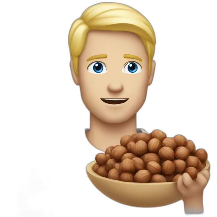 Blond man blue eyes eating big hazelnut emoji