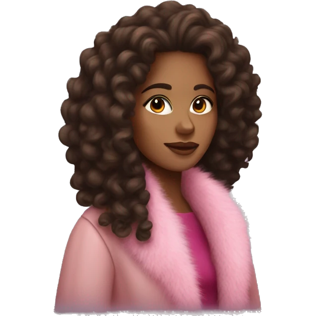 pretty brown woman with long dark curly hair and pink fur coat on emoji