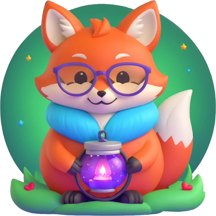 small magical fox with shimmering purple and blue fur, glowing fluffy tail, silver star on forehead, round glasses, tiny lantern, hugging a big red heart emoji