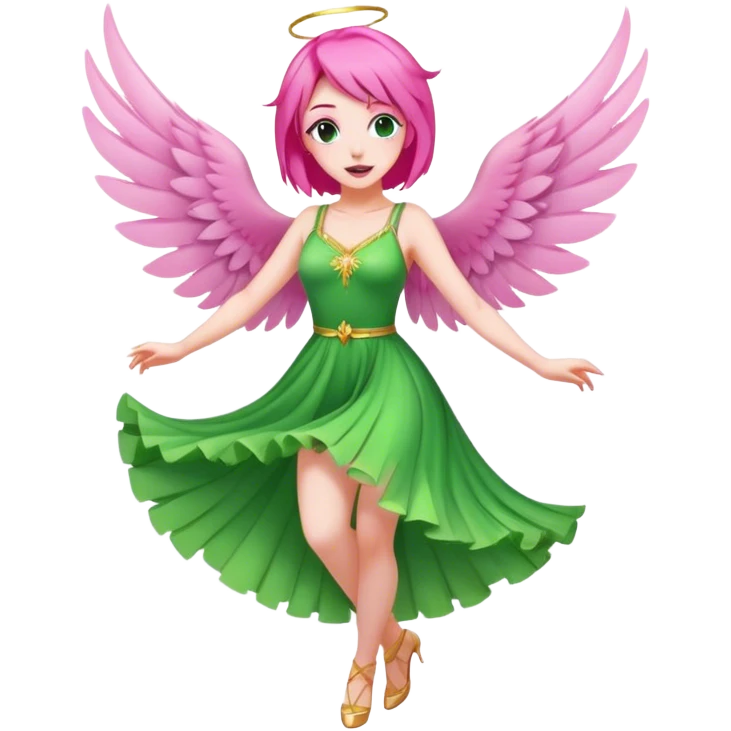 pink fairy with pink hair and pink wings in green dress dancing emoji