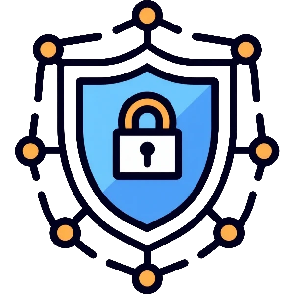 A secure network logo with shield and digital network nodes emoji