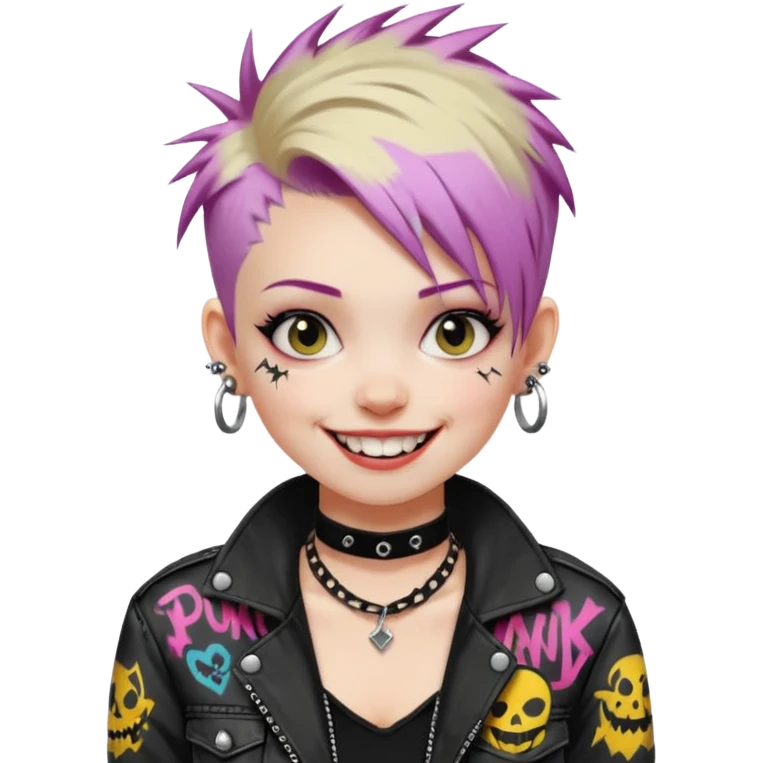 a punk girl with short dyed hair and wear a punk graffiti jacket with black choker grin playfully  emoji