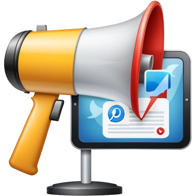 An icon featuring a megaphone, a billboard, and social media icons, symbolizing advertising and public relations. The design includes a press release and a rising graph, representing brand promotion and communication strategies. Transparent background highlights media influence and outreach. emoji