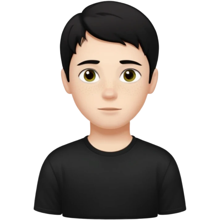 A boy with dark black hair and hazel green and brown eyes and white skin , with freckles and black t shirt with middle part hair  emoji