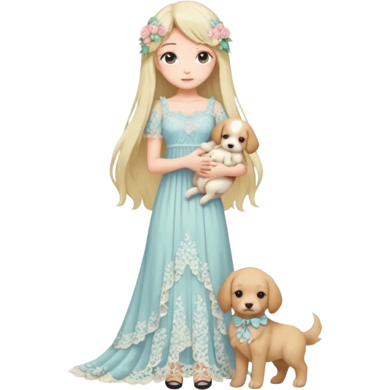 Pastel anime lady long hair with long lace dress full body holding puppy emoji