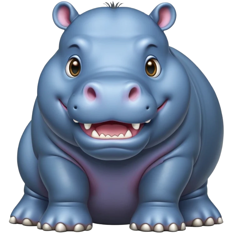 cinematic-hippo-realistic-full-body-side-view-standing-on-all-fours-emoji,-massive-round-frame,-wide-mouthed-grin-exposing-huge-teeth,-head-tilted-dramatically,-thick-greyish blue-hide-glossy, big cute eyes emoji
