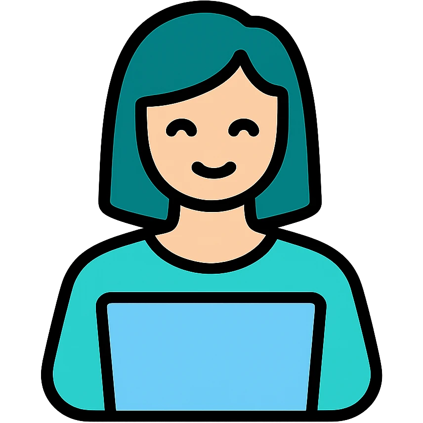 Icon style illustration of a teal woman at a laptop, minimal design, with a subtle smile, matching the reference image. emoji