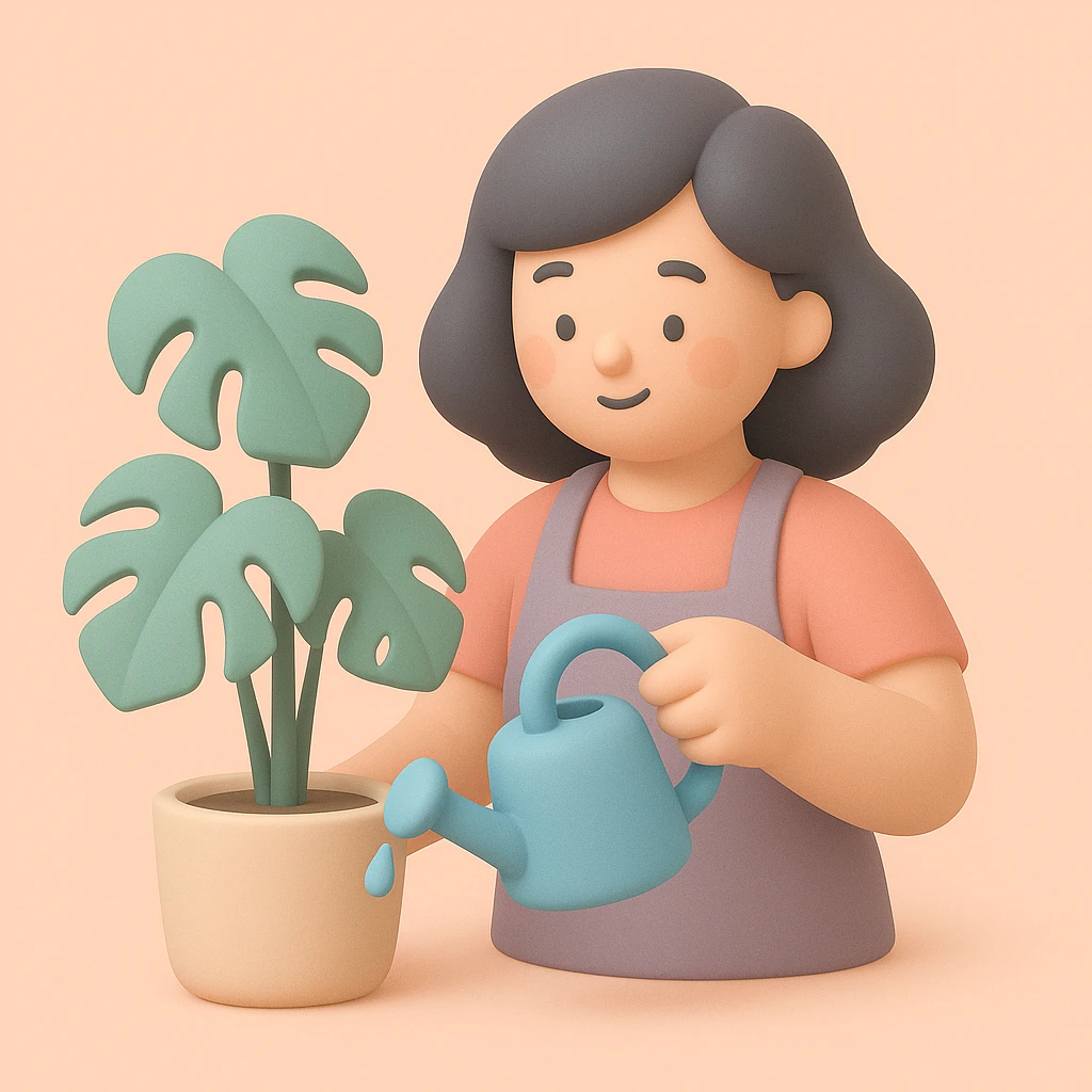 woman watering her monstera plant emoji