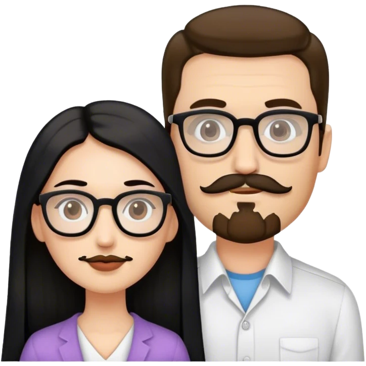 couple, Tall white man brown mustache goatee, and small woman long black hair square glasses emoji
