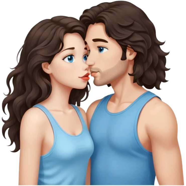A girl with long, dark brown, wavy hair, grey-blue eyes, and a light blue tank top gives a kiss  emoji