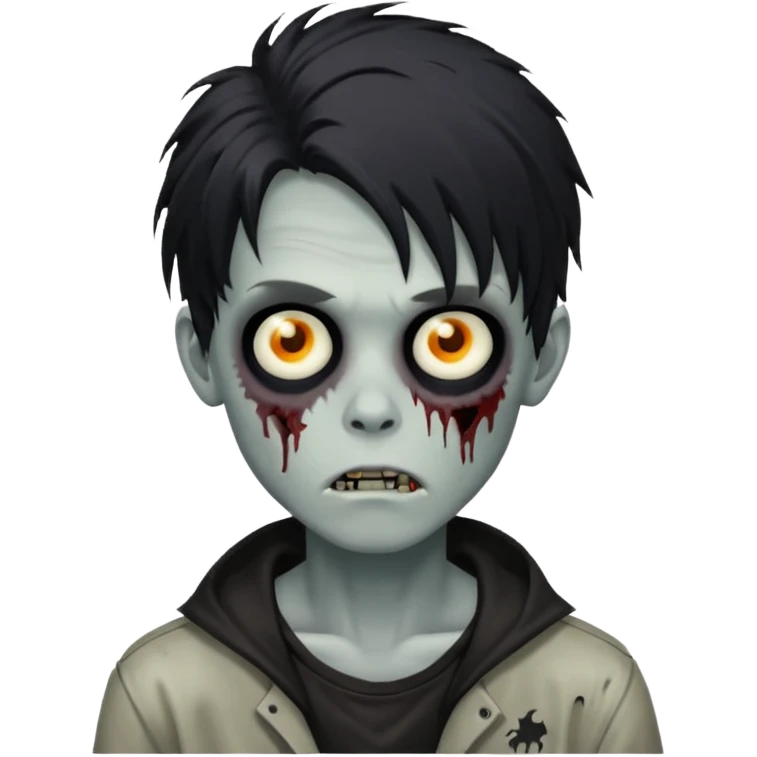 Zombie Boy with black long messy hair and teenager aparience, black background emoji
