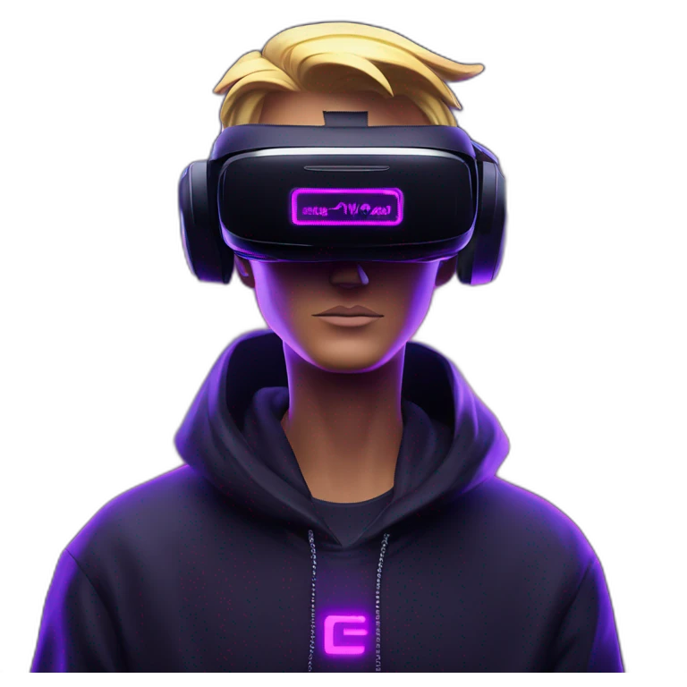Donald Trump wearing a black hoodie with "OMG" letters on it and VR headset in a cyberpunk VR environment with violet neon lighting. emoji