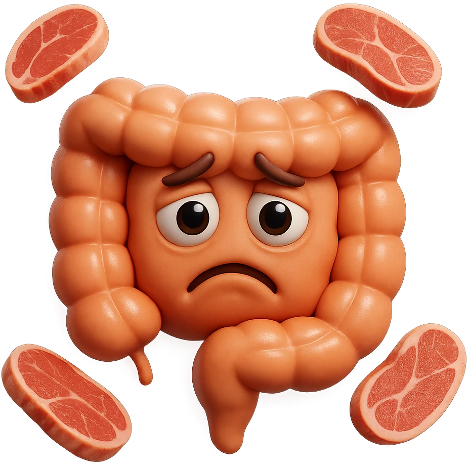 emoji stile iphone in 3d di un intestino triste con fette di carne che gli fluttuano intorno, gli occhi falli con la parte bianca pure, iperrealistico 4k emoji