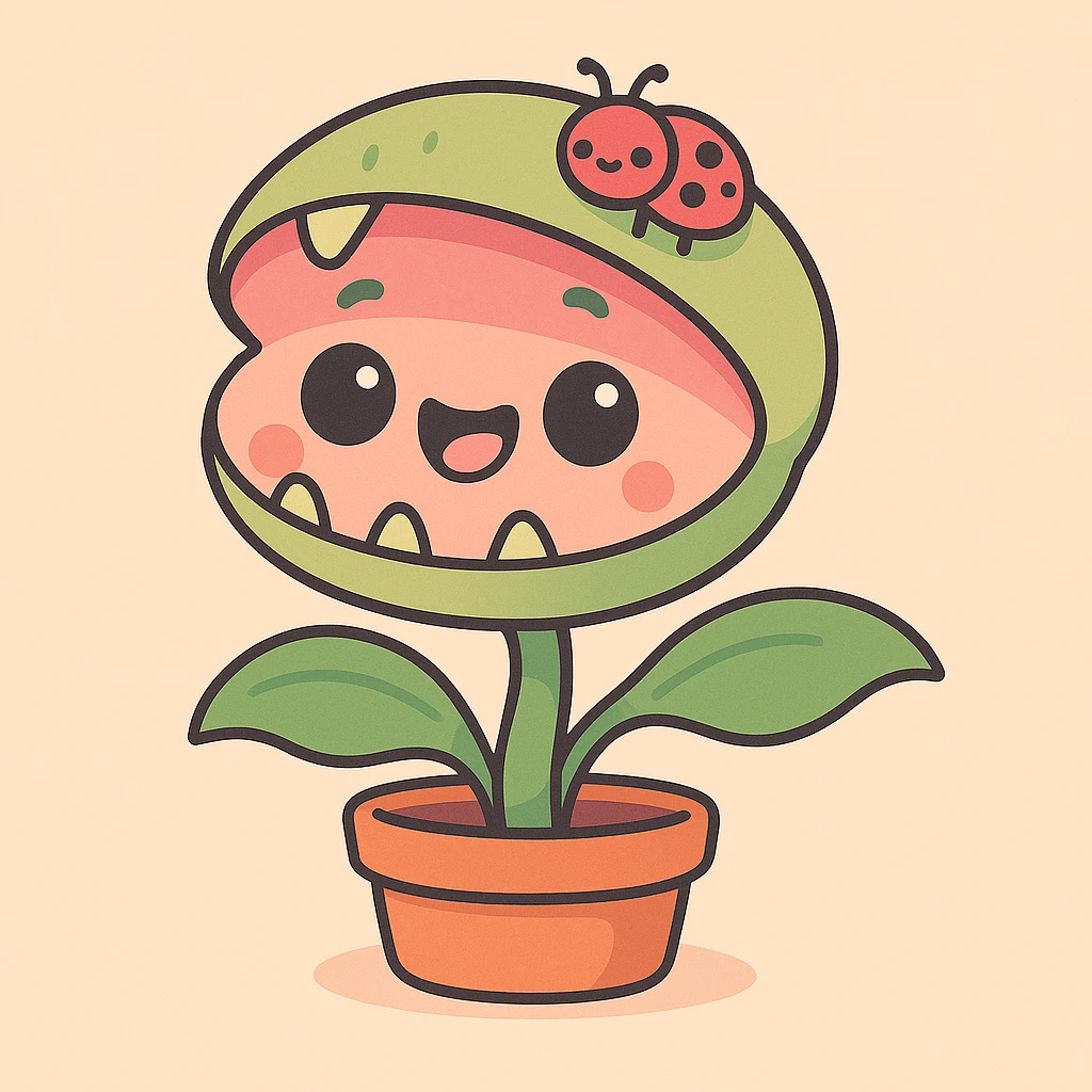 Add a tiny cute bug friend sitting on the Venus flytrap, maintaining the kawaii pastel style with soft colors and gentle shading. emoji