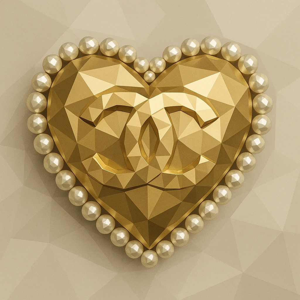 Chanel heart with interlocking C's, metallic gold, pearl border, elegant, polygonal low-poly style emoji