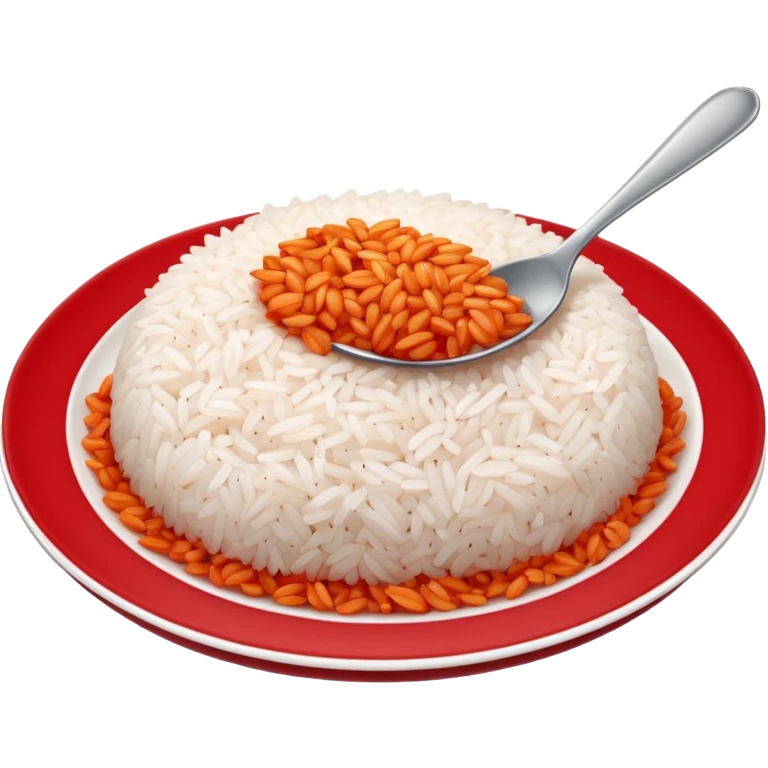a plate of red-topped rice, with a spoonful missing, showing the inside emoji