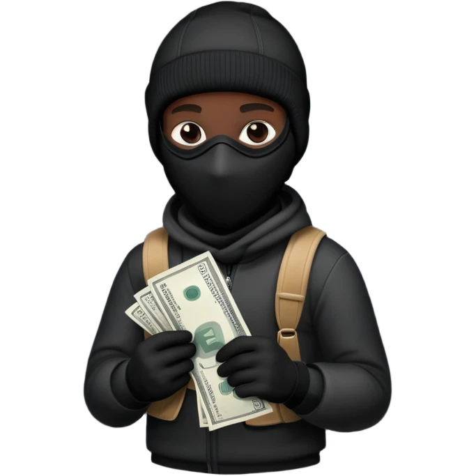 Ski mask holding money bag with black skin color black emoji