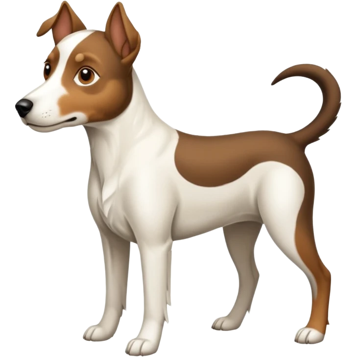 a full body large white floppy eared parson russell looking dog the size of a kelpie with light brown ears and a light brown patch on one eye and a large snout emoji