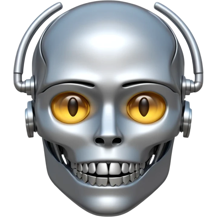 3D render of Steel Jaw, futuristic cyborg aesthetic, fusion of organic skin and chrome metal, brushed steel lower jaw attached to a pale skin face, emoji style, isolated on white background --v 6.0. emoji