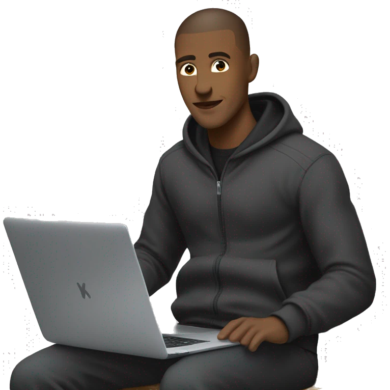 Black-guy-with-buzz-cut-wearing-black-trackstuit-sitting-down-on-chair facing-foward-focused-on-laptop-computer- emoji