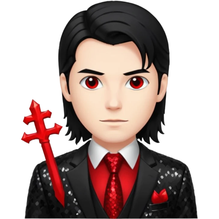 Lucifer from Christian Mythology with long black hair, black sequin suit jacket and tie, red shirt emoji