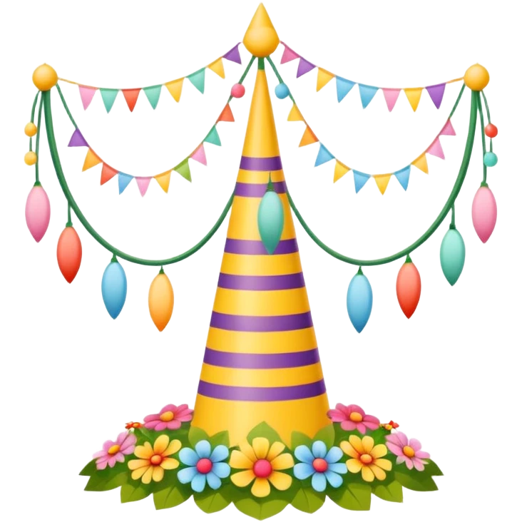 whimsical midsommarstång (maypole) with exaggerated floral decorations, playful proportions, bright cartoonish look emoji