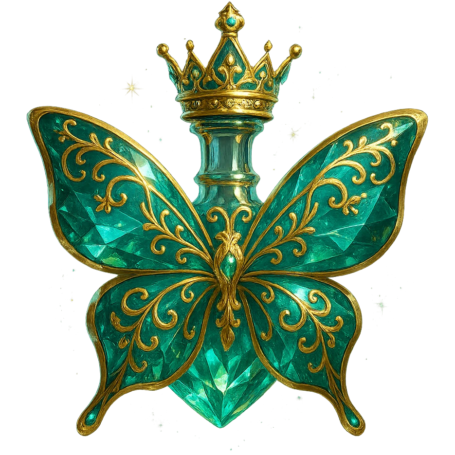 crystal elegant butterfly-shaped bottle, short neck, princess crown, green and blue colors, lots of glowing, facets, more ornaments, decorations, golden details, magical effects, premium class, transparent background, bottle clearly flying in air, no base or shadow emoji