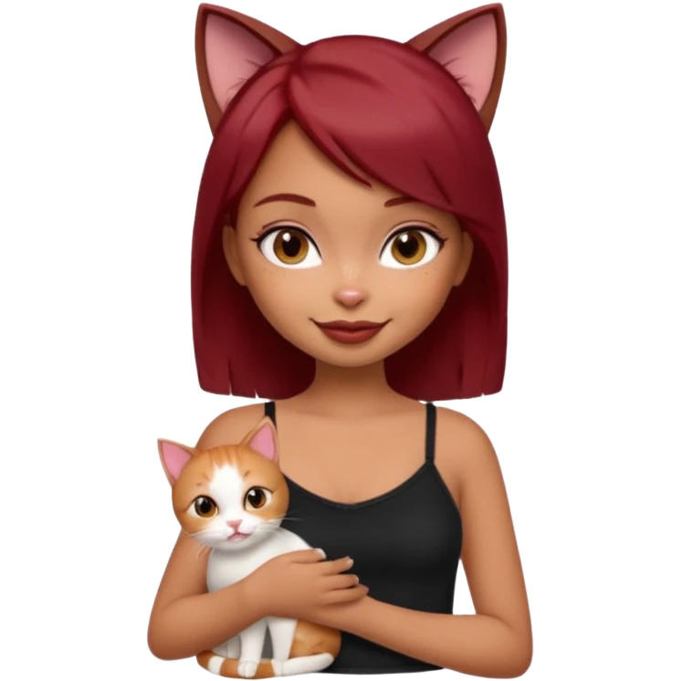 generate a pretty bratz girl with short dark red hair holding a cat smiling. Wearing a black cami emoji