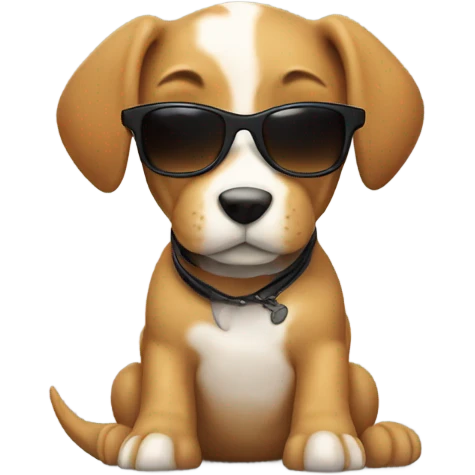 Puppy rides dinosaur the puppy is light brown and white Dino is wearing sunglasses  emoji