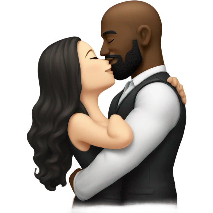 White brunette kissing muscular black bald man with beard emoji