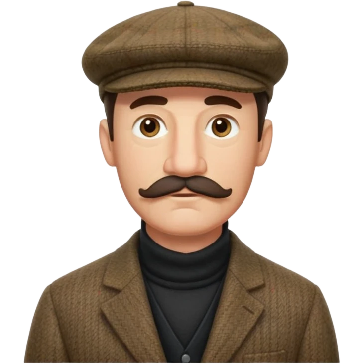 three quarter head profile huge mustache big sideburns sport coat black turtleneck tweed flat cap, squinting eyes trying to puzzle out emoji