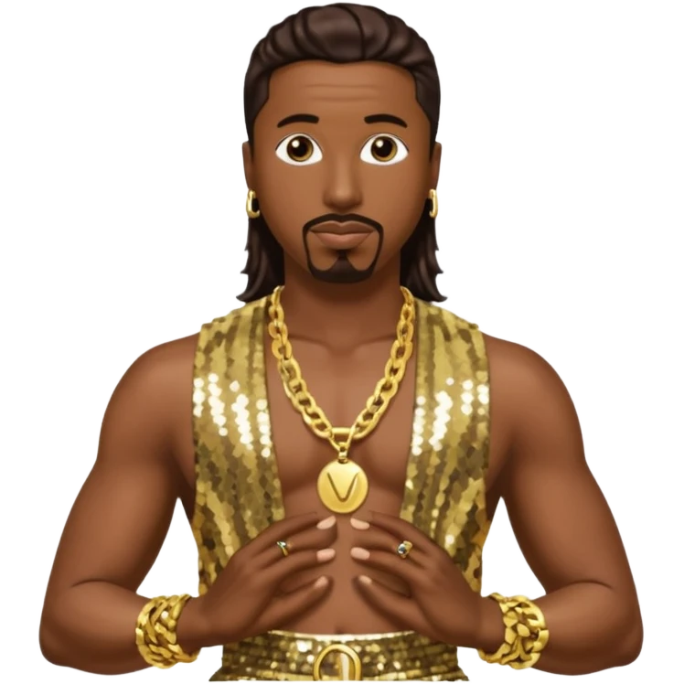 MC Hammer with dark brown hair, gold sequin harem pants, shirtless with necklace emoji