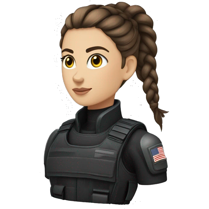 A young woman with a petite and slender build, pale, hazel eyes, and long brown hair with a silver streak, pulled back into a braid. She’s wearing black tactical battle gear. emoji