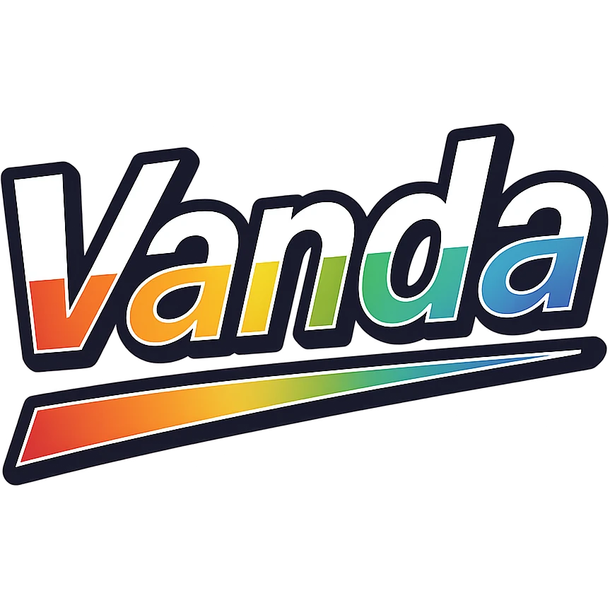 The name 'Vanda' in modern, precise Hungarian letters with a rainbow gradient color fill, extra thick white letter outline, dark contour, transparent background, dynamic slanted underline, in the style of the sample images. emoji