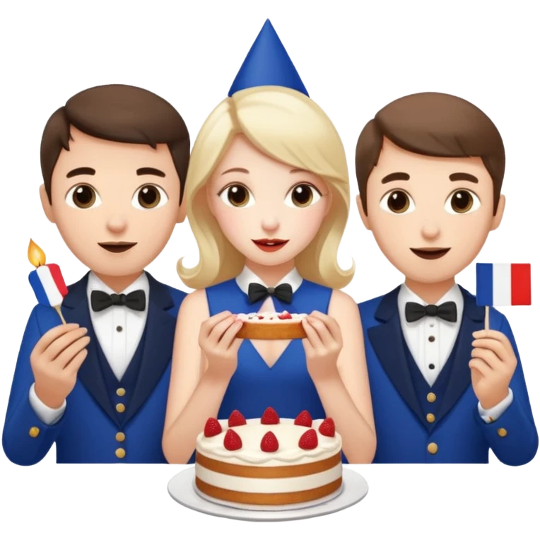 a french style elegant girl being recorded by 2 elegant guys with a french flag  and the girl eating a cake emoji