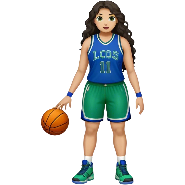 Full Body light skin Latino plus size women basketball player with long wavy dark hair  wearing blue and green uniform emoji