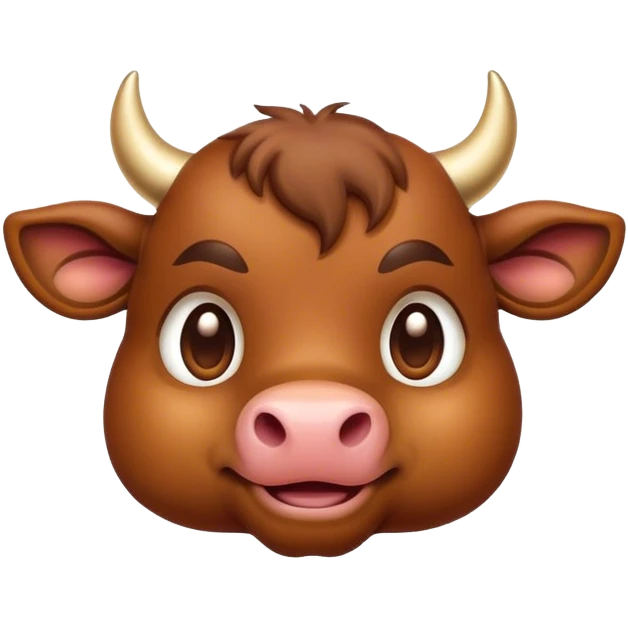Cinematic Cute Brown Bull Portrait Emoji, Head tilted playfully and inquisitively, featuring a glossy, robust brown hide with a natural sheen, round, sparkling dark eyes filled with gentle curiosity, Simplified yet irresistibly adorable features, highly detailed, glowing with a warm, friendly glow, high shine, affectionate and imposing, stylized with a touch of rugged charm, bright and endearing, soft glowing outline, capturing the essence of a mischievous yet loving bull, so playful it feels like it could stomp out of the screen and into your arms! emoji