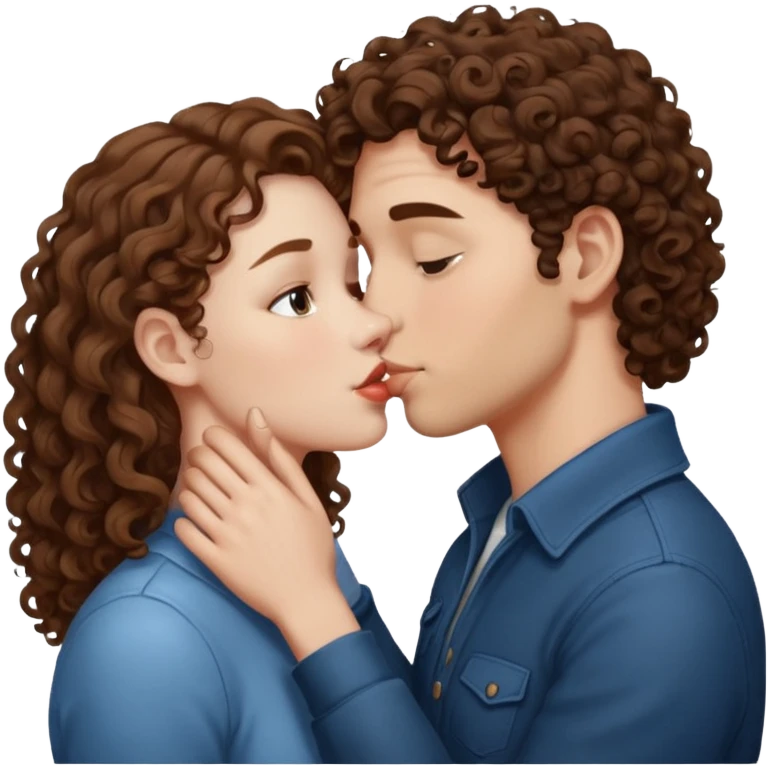 A couple kissing, the man would be white-skinned, mid fade-curly, brown-hair. The serious woman with white skin, brown color emoji