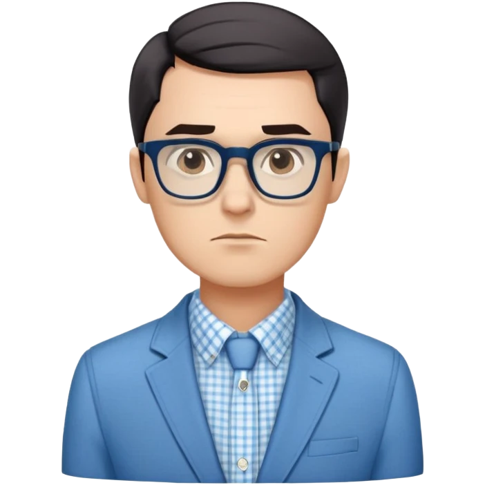Man with angular square face, large dark square eyeglasses, short straight dark hair with side part. Composed serious expression. Wearing a light blue blazer over a white button-up shirt with blue checkered pattern. emoji