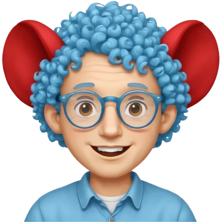 light blue haired man curly hair with big ears and red earrings and spectacles happy and hat wearing emoji