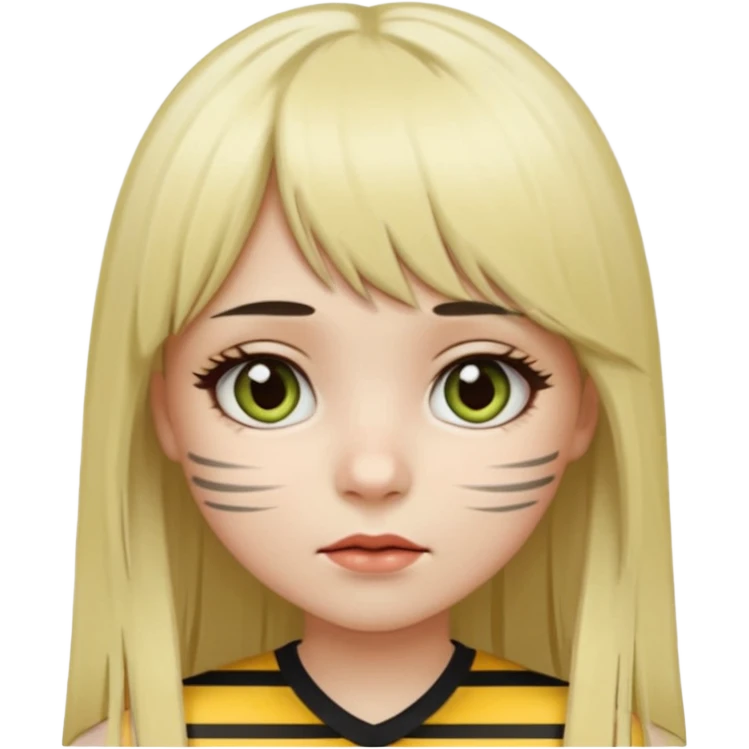 Girl with long straight dark brown hair and blonde striped streaks, with bangs. Light skin and dark eyes. Turn her into a cute zombie version — pale greenish skin, dark eyes, small wounds under eyes, keep her hair and mechas the same, emoji-style. emoji