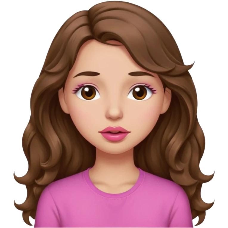 girl with long wavy brown hair, brown eyes, light to medium complexion, in a pink shirt, pink lips, long lashes, puckering lips kissing, winking with one eye closed emoji