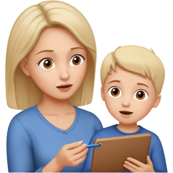 pleasanty surprised mother with child showing drawing emoji