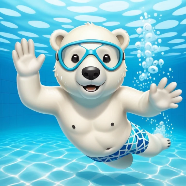 friendly anthropomorphised polar bear swimming freestyle in a large pool, excited expression, wearing patterned swim trunks and full snorkel mask emoji