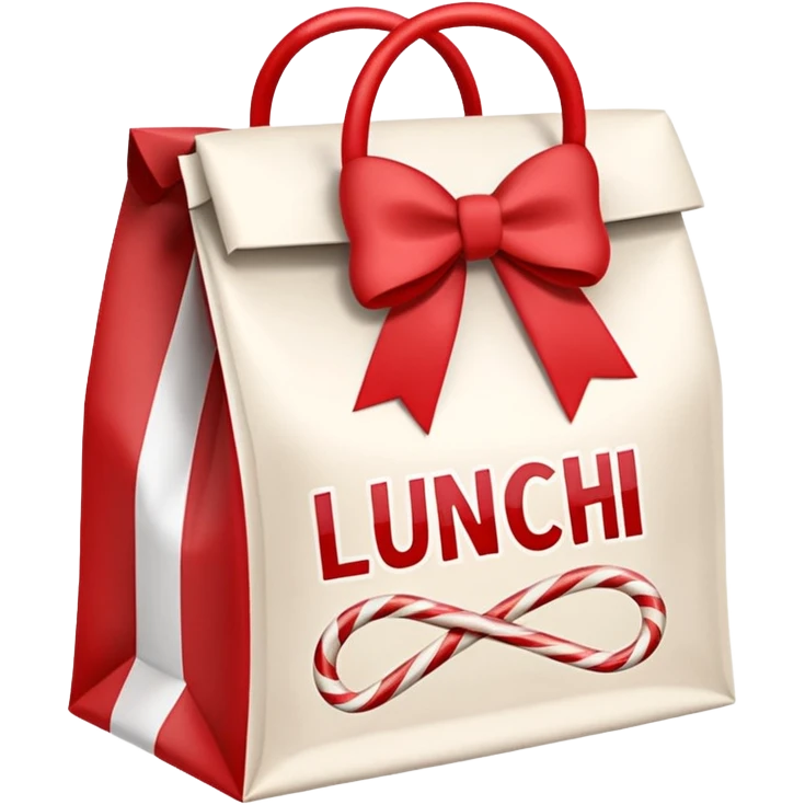 christmas paper lunch bag with the word lunch on it and a bow and candycanes emoji